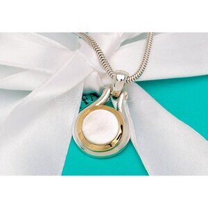 Tiffany & Co. Vintage Mother of Pearl Gold Silver Circle Necklace Pendant